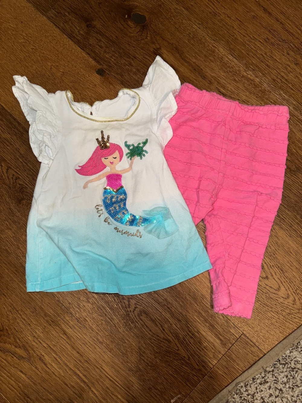 Mud Pie White Top with Pink Mermaid and Gold Trim